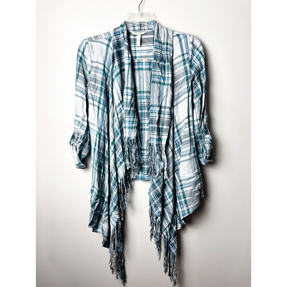 Matilda Jane Open Front Plaid Fringe Cardigan Womens XS Green Cream
